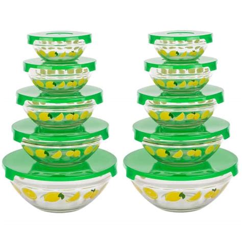 Chef Buddy 20-Piece Glass Bowls with Lids Set - Lemon Design Mixing Bowls Set with Multiple ...