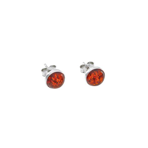 Boucles D Oreilles Puces Cabochon Rond 8mm Ambre Cognac Argent 925