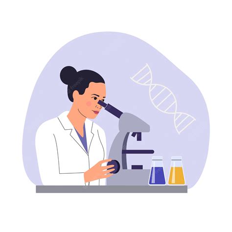 Mujer Científica Está Mirando A Través De Un Microscopio Ilustración De Estilo Plano De Dibujos