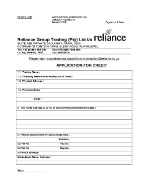 Fillable Online Reliance Co RELIANCE CREDIT APPLICATION2016 Reliance