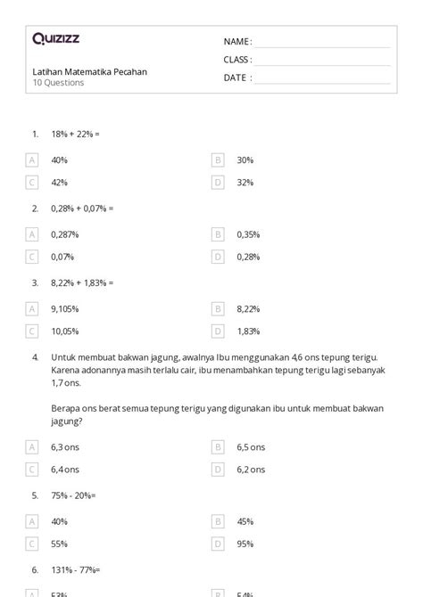 Lembar Kerja Menambahkan Pecahan Untuk Kelas Di Quizizz Gratis