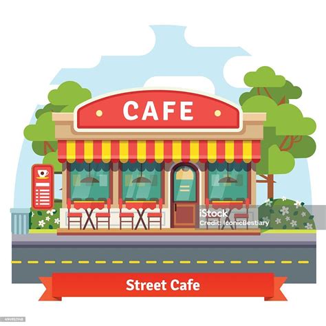 Ilustración De Cafetería Abierta Fachada De Edificio Y Más Vectores