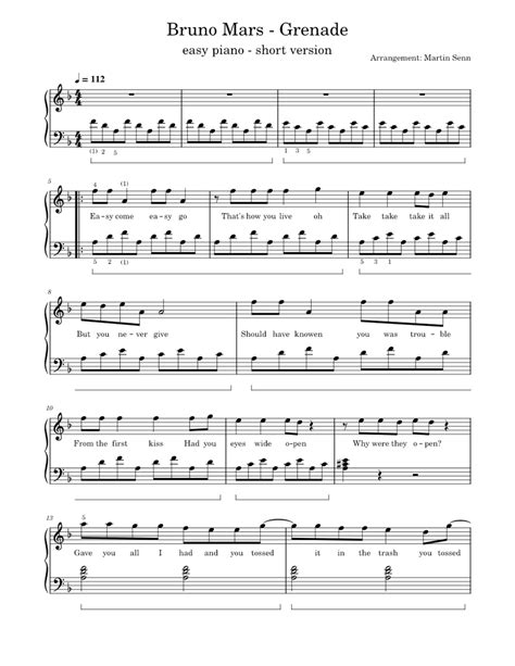 Grenade Bruno Mars Sheet Music For Piano Solo Easy