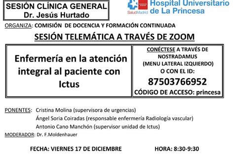 Sesión Clínica 17 De Diciembre Enfermería En La Atención Integral Al Paciente Con Ictus