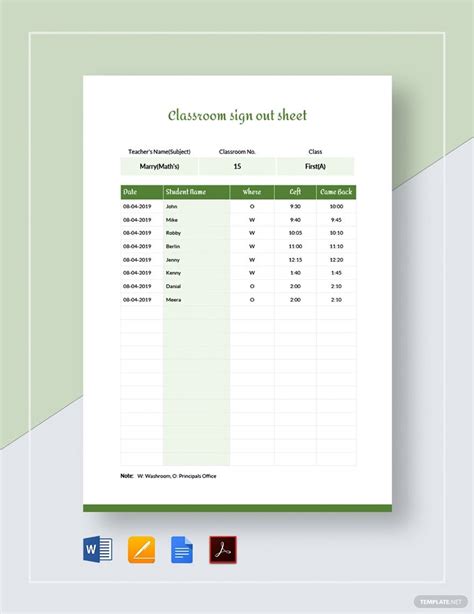 Classroom Sign Out Sheet Template in Word, Apple Pages, Google Docs ...