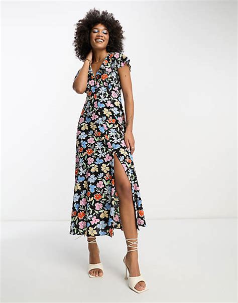 Asos Design Flutter Sleeve Midi Tea Dress With Buttons In Multi Floral