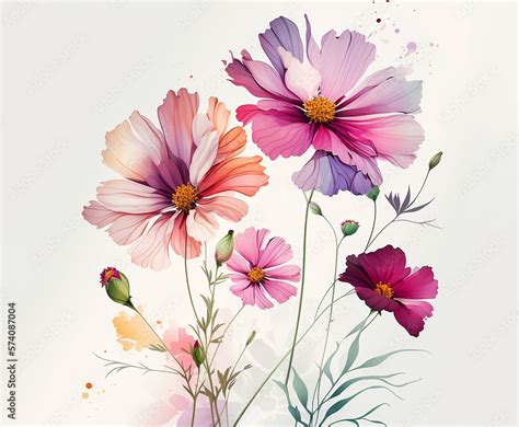 Cosmos Flowers Wallpaper Design Illustration And White Background