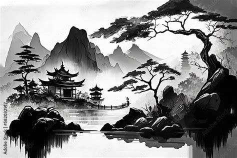 Chinese ink landscape painting created digitally,Chinese traditional ink drawing technique ...