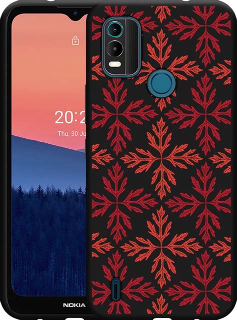 Cazy Hoesje Zwart Geschikt Voor Nokia C21 Plus Red Leaves Pattern Bol