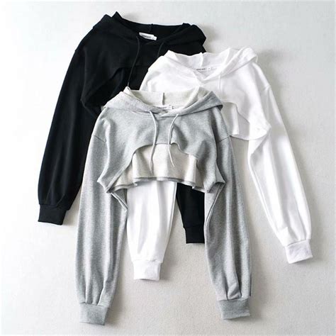 Satın alın Women Short Hoodies Sweatshirts Navel Pullover Solid Long