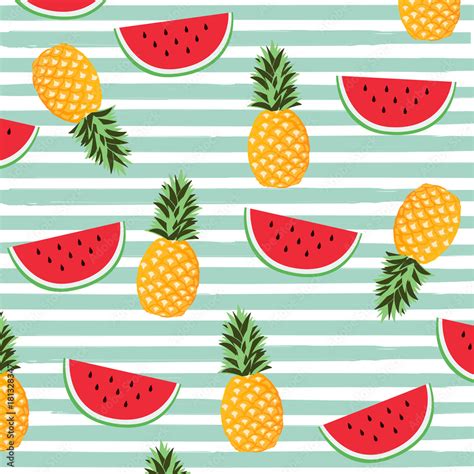 Pineapple and watermelon with stripes seamless pattern background. Fruit poster design ...