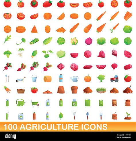 100 conjunto de iconos agrícolas Ilustración de dibujos animados de