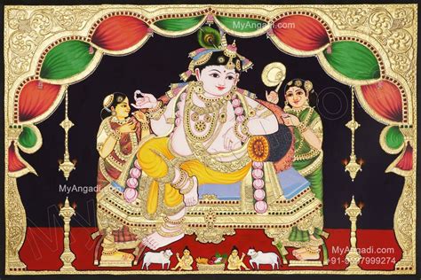 Fine Finish Wooden Butter Krishna Tanjore Painting Size 36x24 Inches