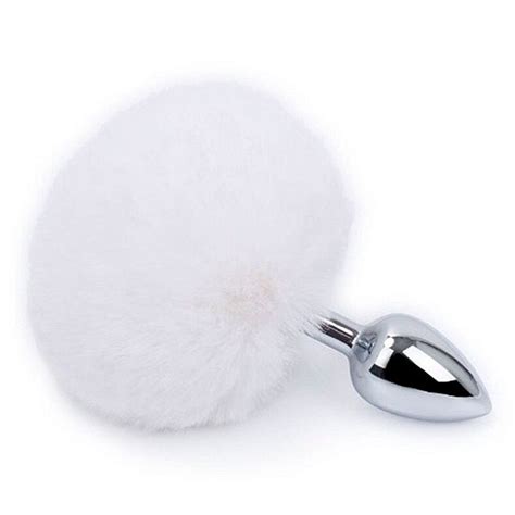 Plug Anal Metal Cauda Rabo Coelho Pompom X Cm Branco Me Ame