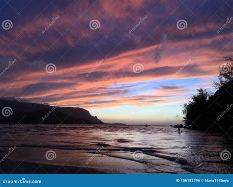 Sunset in Hanalei Bay in Summer on Kauai Island in Hawaii. Stock Photo ...