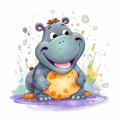 Premium AI Image Cartoon Hippo With A Big Ball Of Cheese On A White