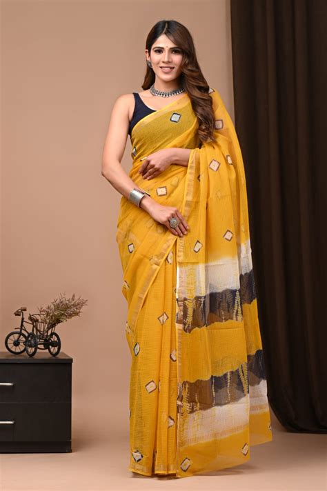 Yellow Bandhani Kota Saree Ruhi Hand Block Printer