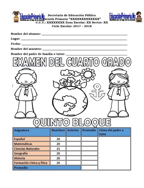 Examen Del Cuarto Grado Del Quinto Bloque O Final Para El Ciclo Escolar