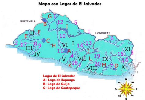 Mapa de El Salvador con sus ríos y lagos - Elsv