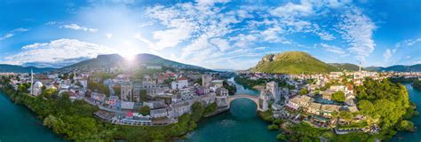 Mostar Old Town and bridge at sunrise [aerial] 360 Panorama | 360Cities