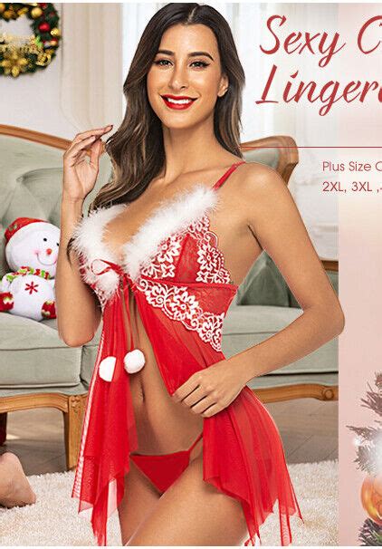 Women Christmas Lingerie Set Red Santa Babydoll V Neck Lace Chemise