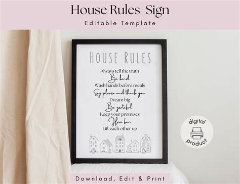 Editable House Rules Sign Template Minimalist Wall Art for Family ...