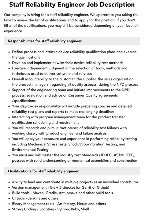 Staff Reliability Engineer Job Description Velvet Jobs