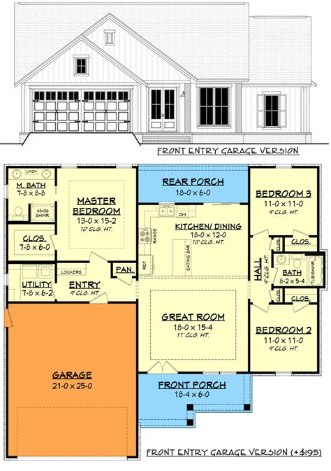 3 Bed New American Ranch Home Plan 1398 Sq Ft 51811HZ