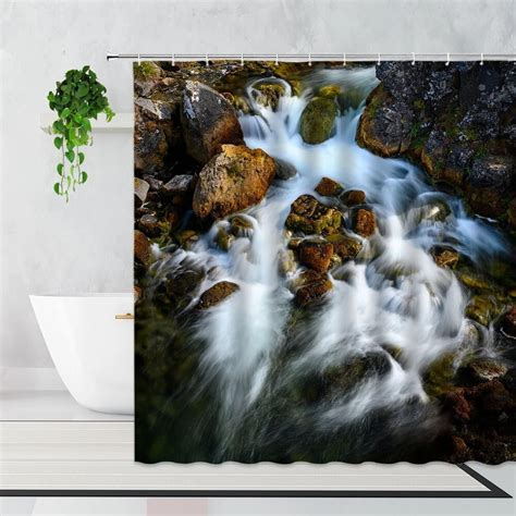 3d Waterfall Scenery Waterproof Shower Curtain Forest Flowers Plants