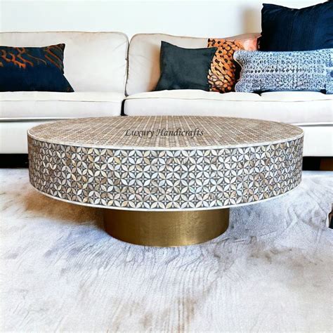 Petite Mother Of Pearl Inlay Round Coffee Table Grey Nel