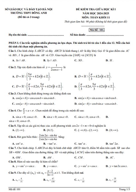 De Giua Hoc Ky 1 Toan 11 Nam 2024 2025 Truong Thpt Dong Anh Ha Noi