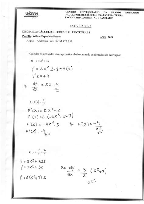 Calculo 1 Atividade 2 Cálculo Diferencial E Integral Ii1 1