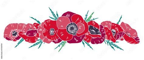 Border with red poppy flowers. Hand drawn vector sketch illustration on ...