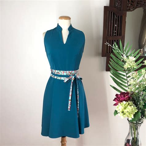 Cheongsam Blue Lagoon Mandarin Collar Dress With Sakura Print Obi