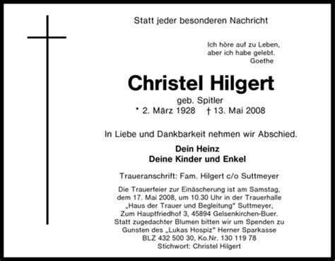 Traueranzeigen Von Christel Hilgert Trauer In NRW De