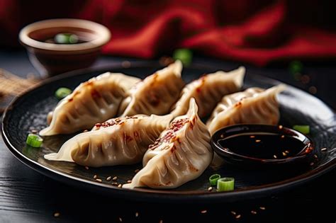 Premium Ai Image Selective Focus On Gyoza Or Dumplings Served With