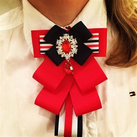 Bow Brooch Tie For Women Brooch Navy Red Ribbon And Large Rhinestone Button Handmade Women Bow