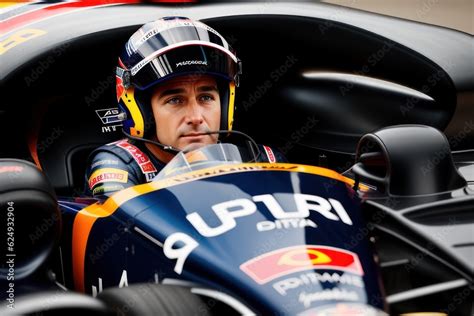 A Helmeted Race Car Driver At The Wheel in cockpit ready to competition ...