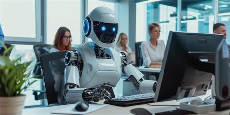 Premium Photo Futuristic Robot Working Alongside Humans In Office Aig