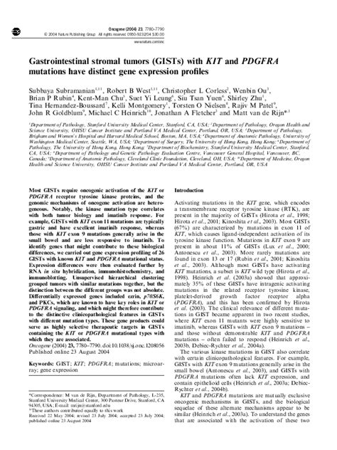 Pdf Gastrointestinal Stromal Tumors Gists With Kit And Pdgfra Mutations Have Distinct Gene