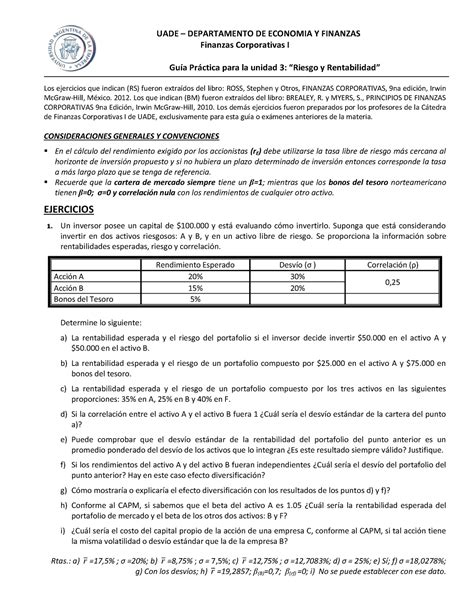 Guía de ejercicios U3 Riesgo y Rentabilidad UADE DEPARTAMENTO DE