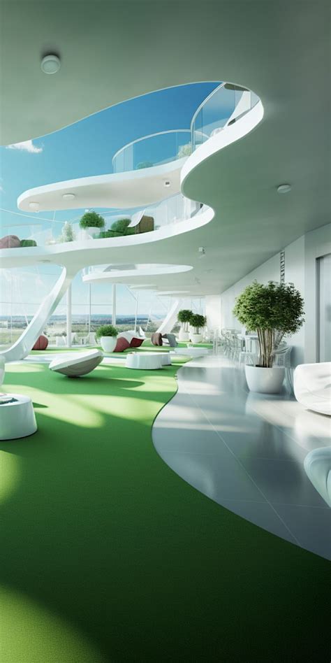 An Artistic Rendering Of A Futuristic Office With Green Carpeting And