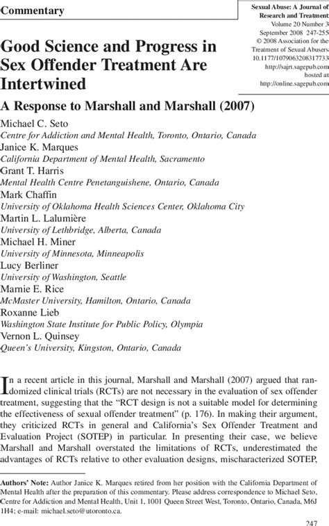 Good Science And Progress In Sex Offender Treatment Are Intertwined A