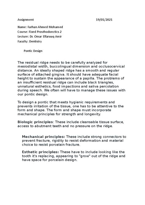 Pontic design - Assignment 19/01/ Name: Farhan Ahmed Mohamed Course