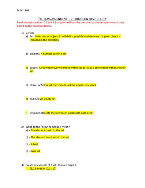 Pre Class Week 1 Sets Fall Mgf 1106 Read Through Sections 7 And 7 In Your Textbook Be