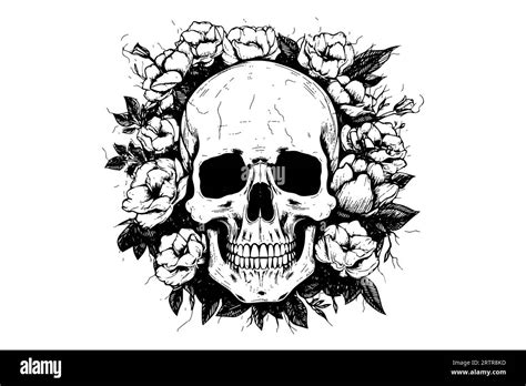 Human Skull In A Flower Frame Woodcut Style Vector Engraving Sketch