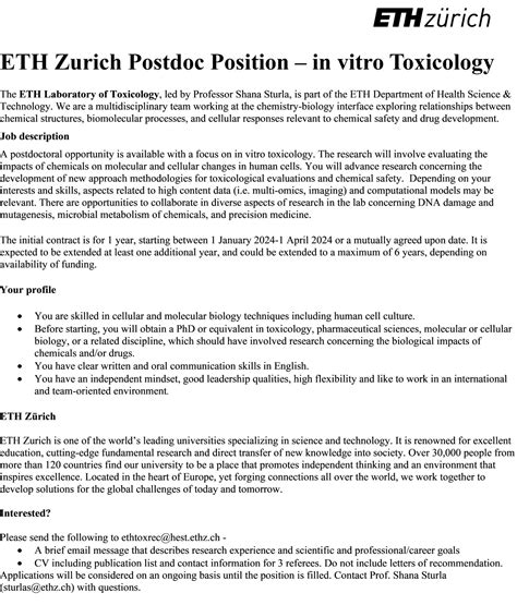 Postdoc Position In In Vitro Toxicology Eth Zurich Switzerland