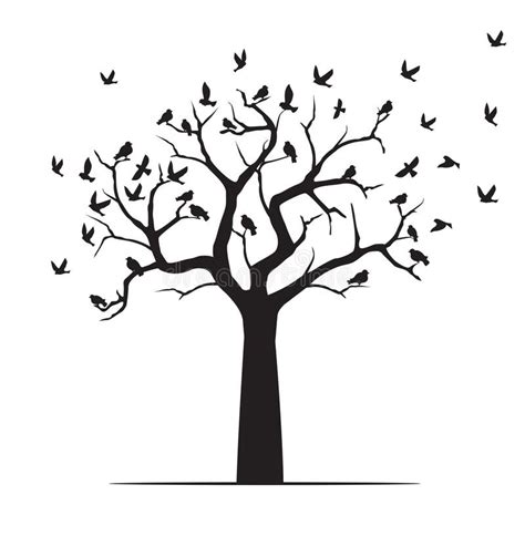 Winter Naked Tree And Black Birds Vector Outline Illustration Stock Vector Illustration Of