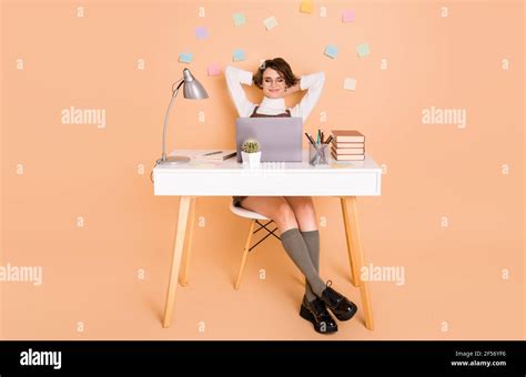 Full Size Photo Of Optimistic Nice Short Hairdo Girl Hands Behind Head