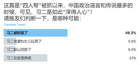 壮飞 Flying In Rain On Twitter 推友们的判断： 48的人，认为 习二被软禁了 33的人，认为 习二在家养病